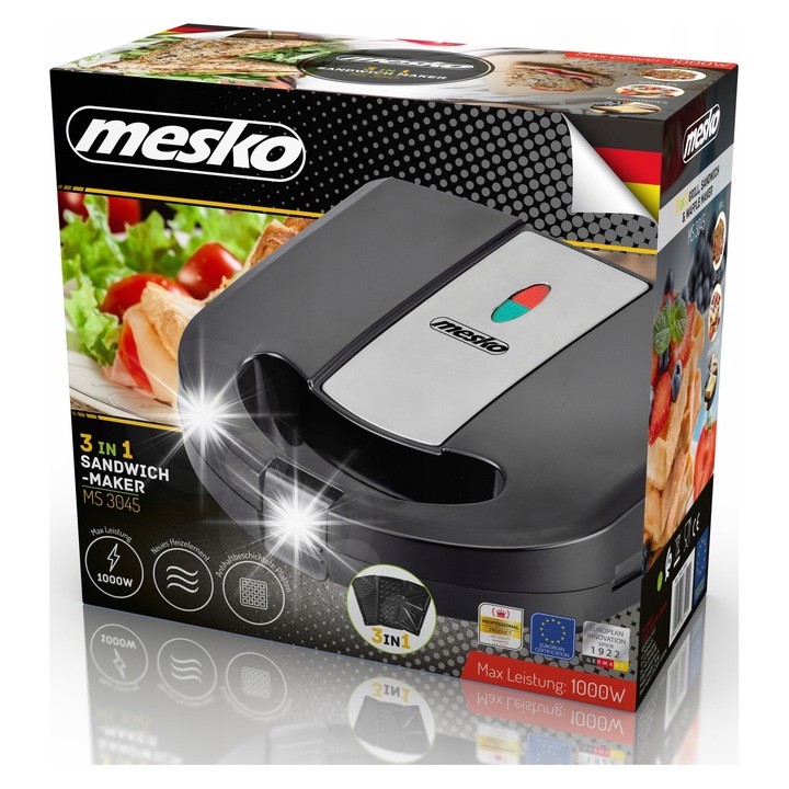 Mesko 3 az 1-ben szendvicssütő, 1000W, fekete-ezüst, cserélhető lapok
