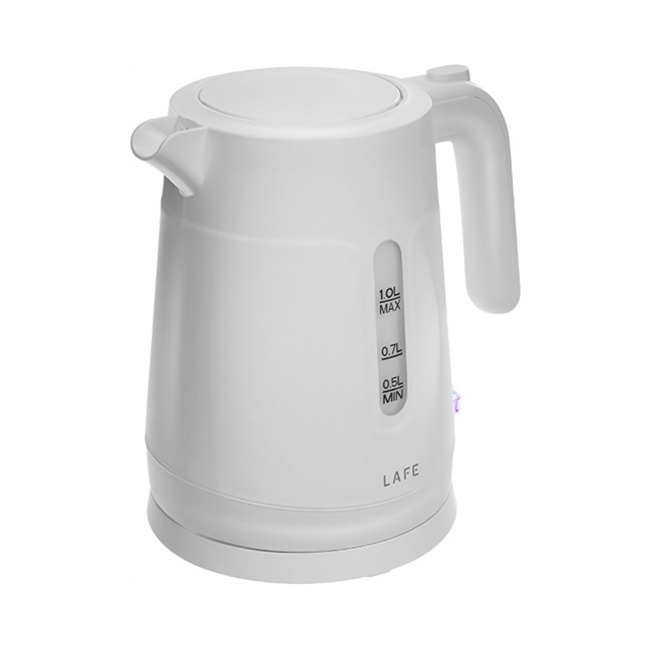 Lafe Essential S elektromos vízforraló, 1500 W, lapos fűtőelem, kivehető vízkőszűrő, 360°-ban forgatható alap, automatikus kikapcsolás és túlmelegedés elleni védelem, BPA-mentes, fehér, 1 L