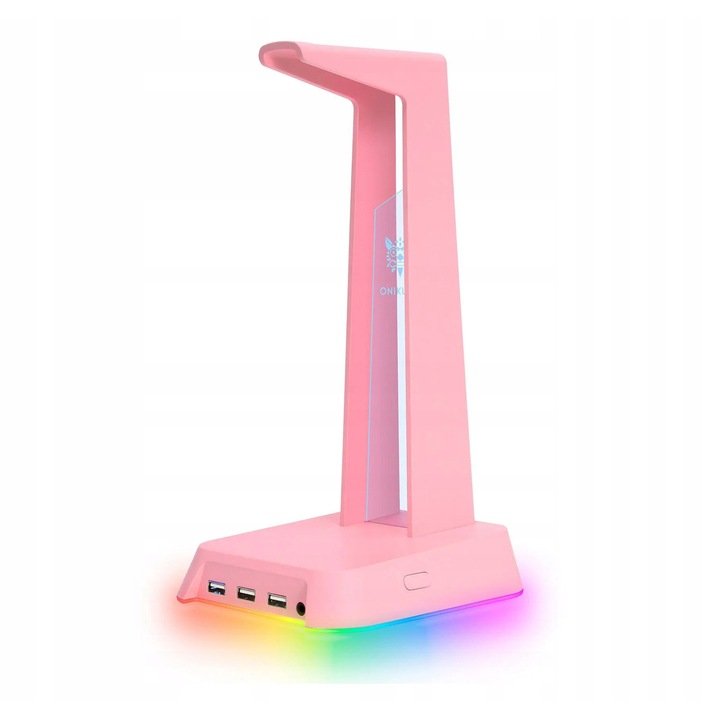 Suport casti Onikuma ST2 RGB roz, USB 3 porturi, 3.5mm jack, stabil, 20x15x25cm