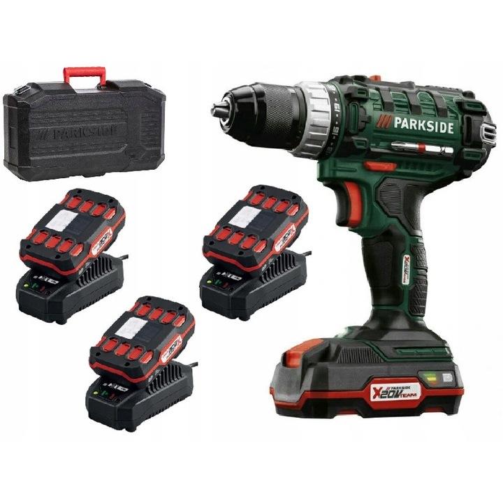 Акумулаторна бормашина/винтоверт Parkside X20V, 3 батерии 2Ah, зарядно устройство, черен, компактен