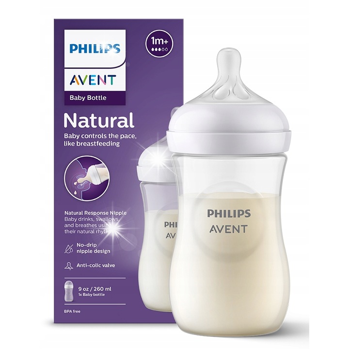 Set 2 biberoane Philips Avent, anticolici, reglaj flux 3 viteze, sticla 260ml