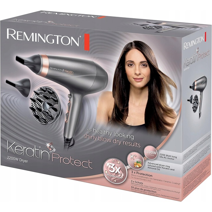 Сешоар Remington AC8820, 2200W, сребрист, 3м, 2 скорости, 3 степени на топлина, йонизация, комплект с дифузер и концентратор