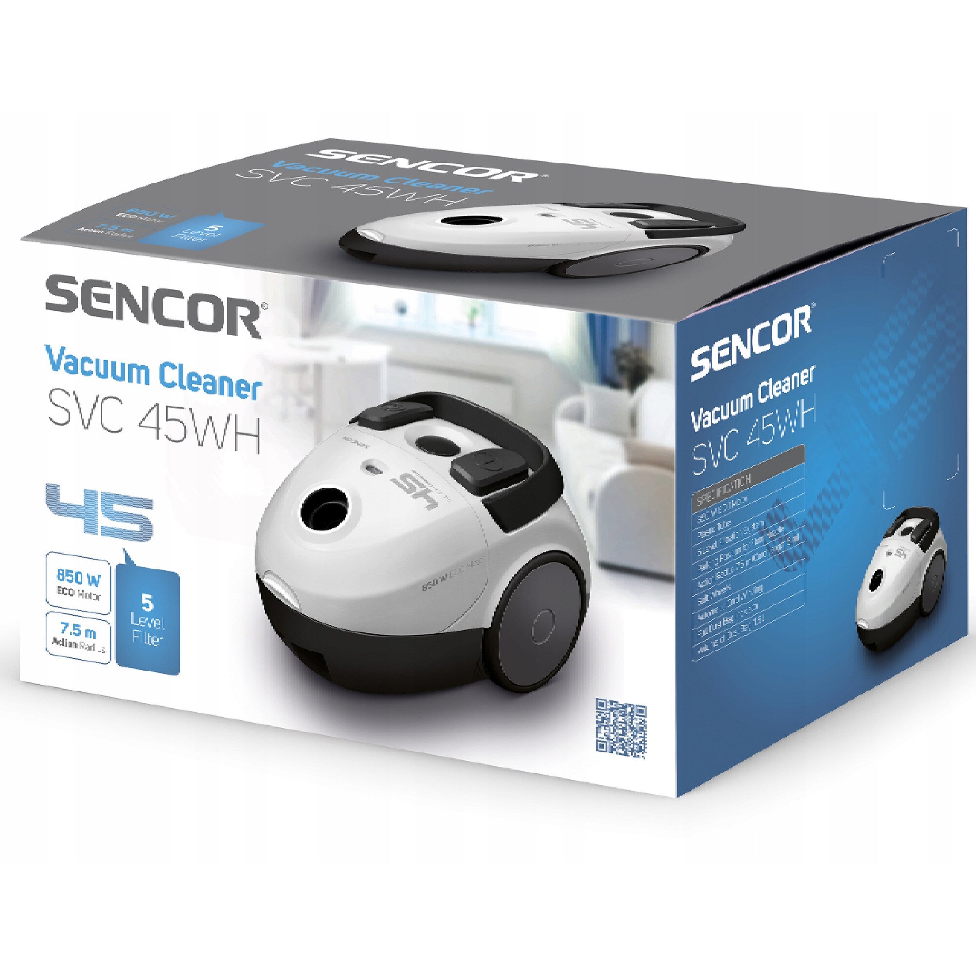 Aspirator cu sac Sencor SVC 45WH-EUE3 alb 850W 21x25.5x34.5cm