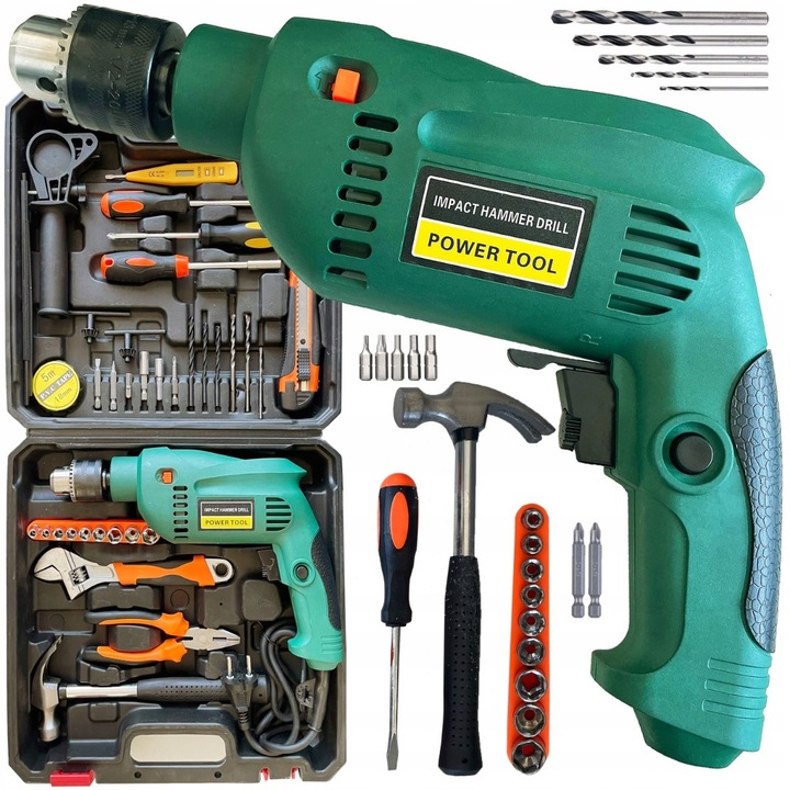 Set scule Retoo, bormasina cu percutie 550W, 37 piese, negru, 27x18cm, valiza