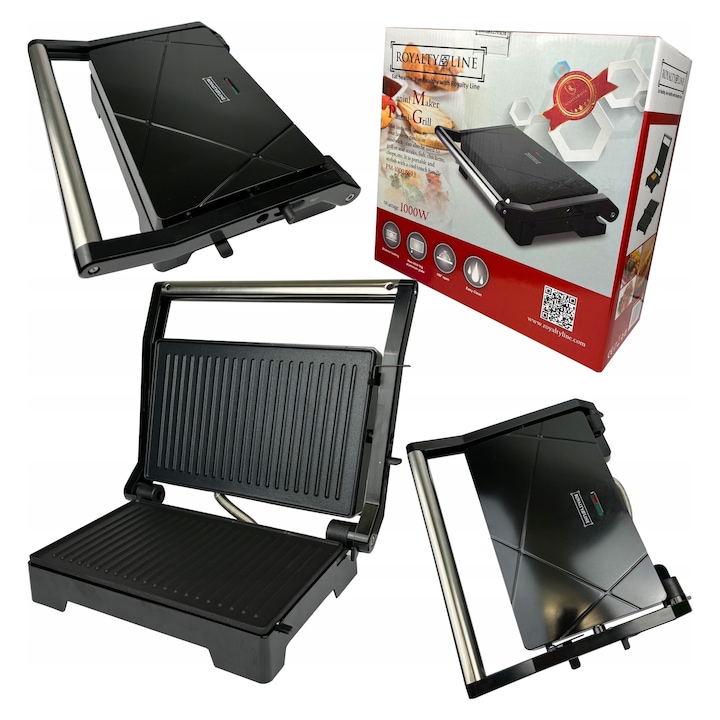 Електрически грил Royalty Line, 1000W, незалепващ, 2 плочи, 40x25см, черен
