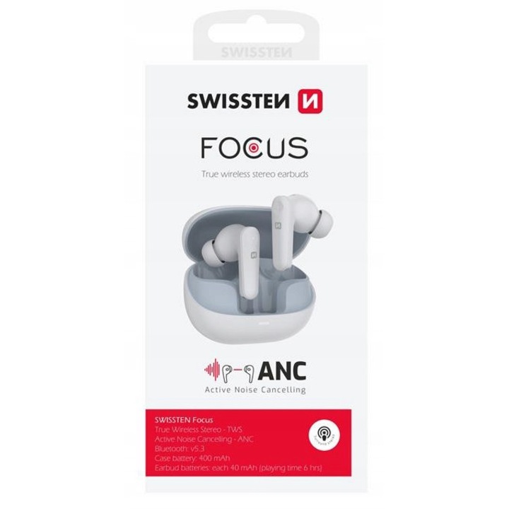 Swissten vezeték nélküli fülhallgató, fehér, mikrofonnal, USB-C, ANC