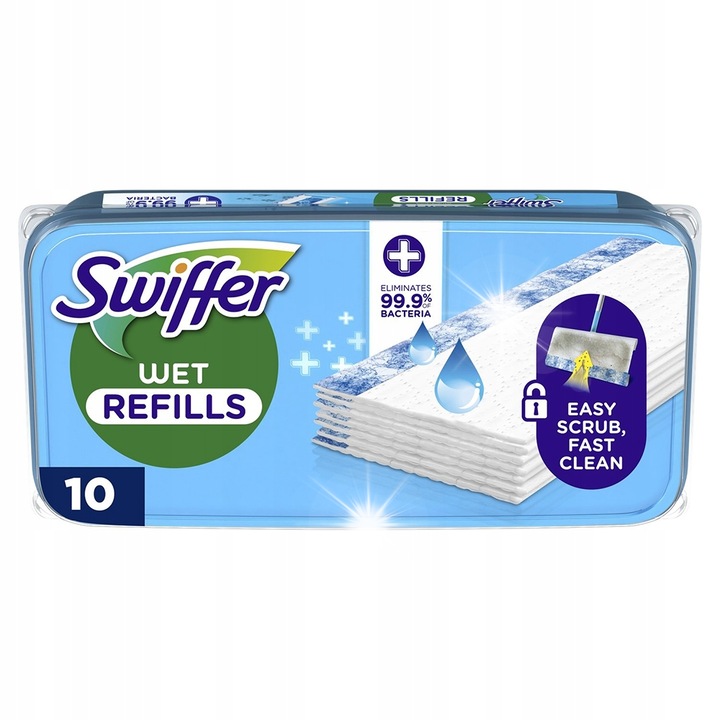 Swiffer Wet+ antibakteriális nedves törlőkendők, 10 db, mikroszálas, kék, 30x20cm