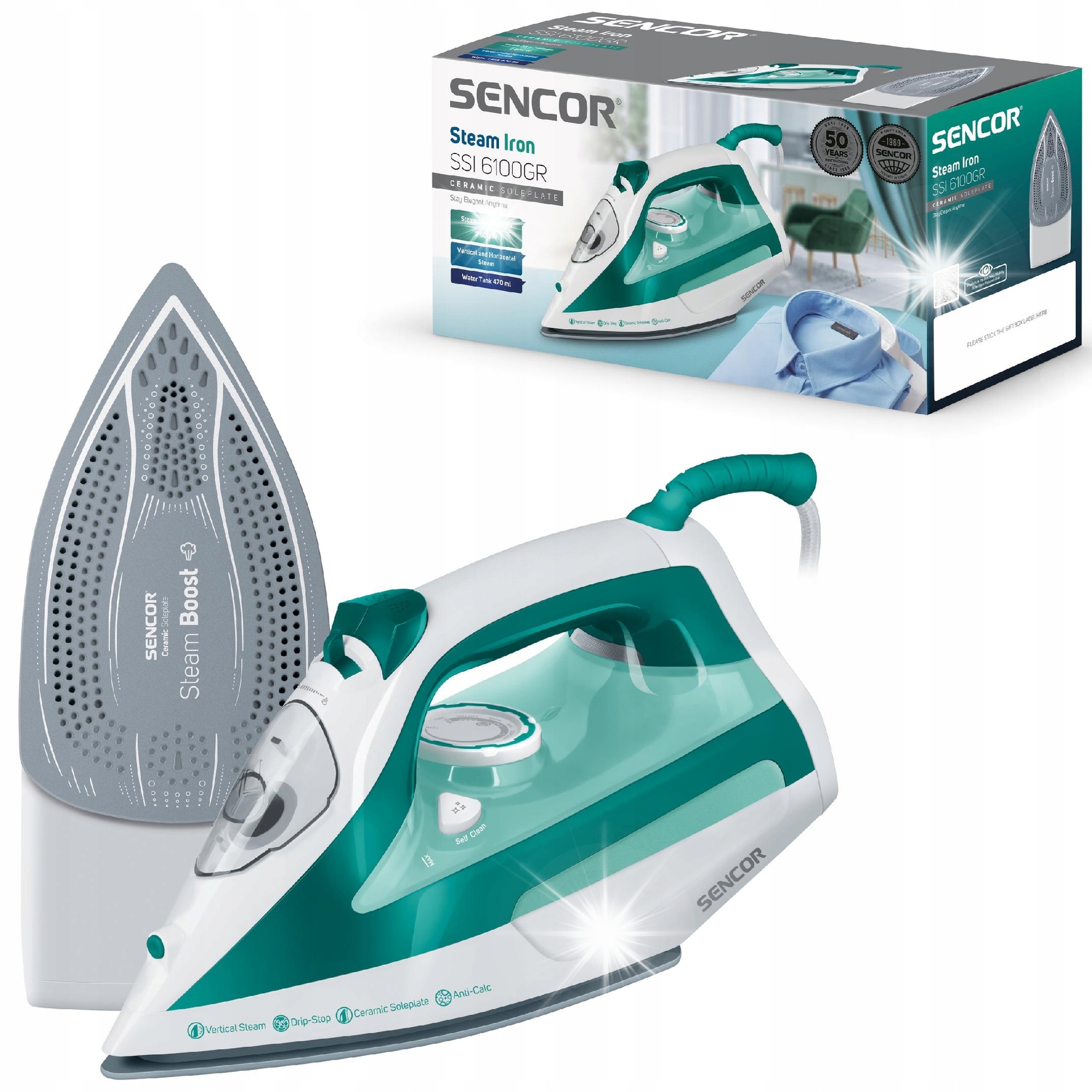 Fier de calcat cu abur Sencor SSI 6100GR ceramic verde 470ml 2600W