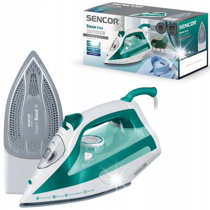 Fier de calcat cu abur Sencor SSI 6100GR ceramic verde 470ml 2600W
