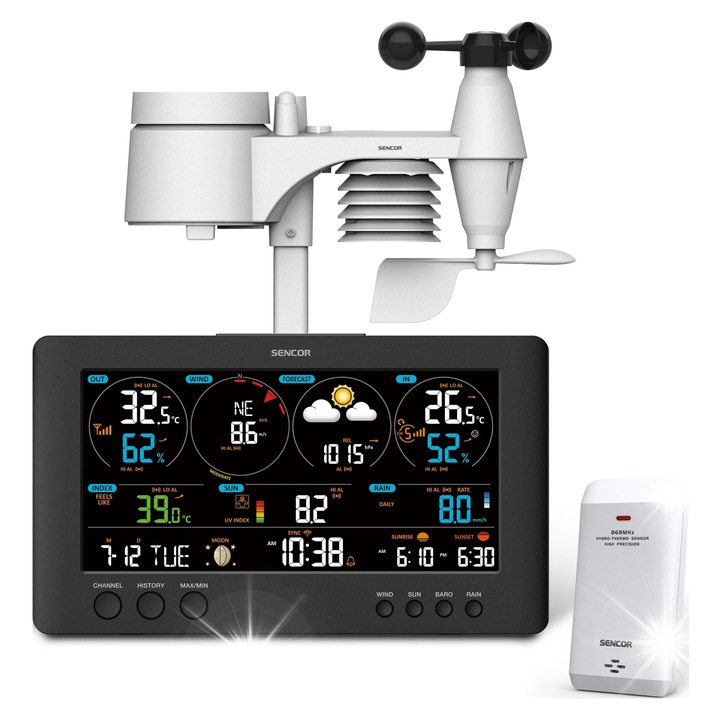 Метеостанция Sencor SWS12500 WiFi, 7 сензора, черна, 21.4см