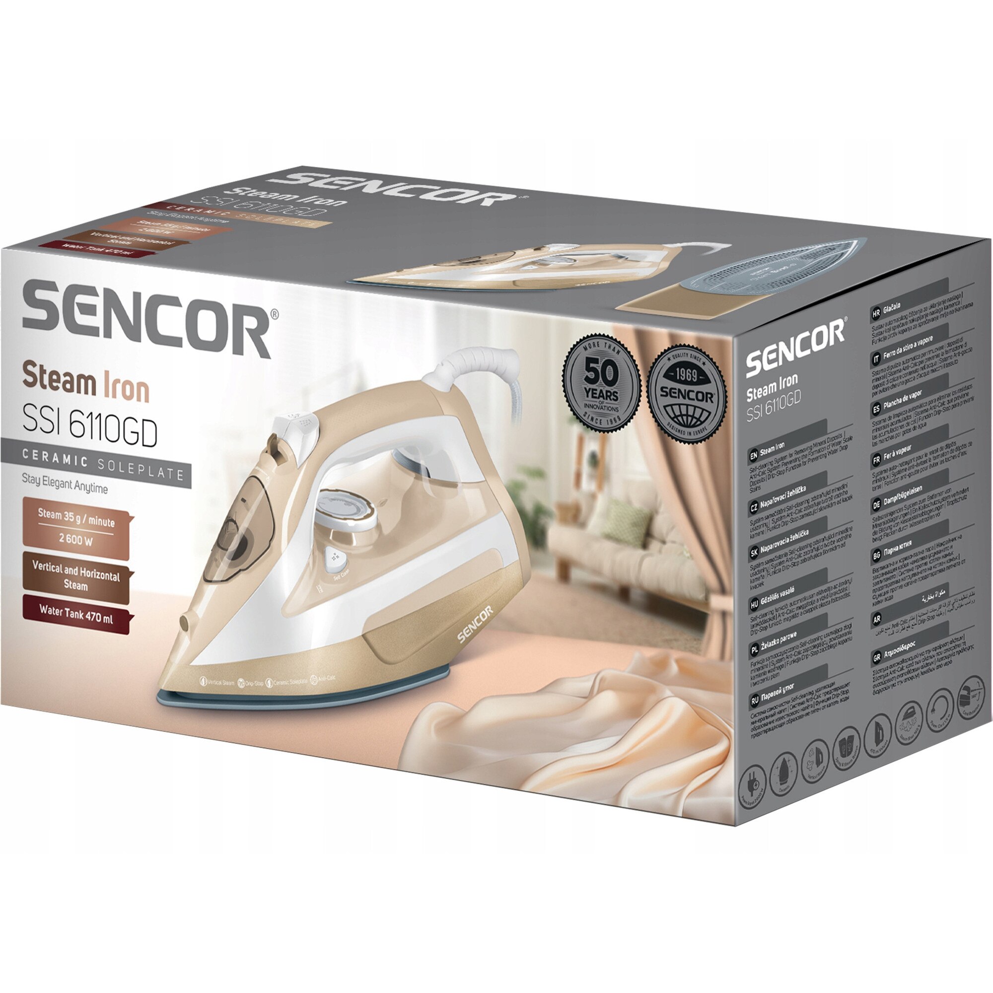 Fier de calcat cu aburi Sencor SSI 6110GD, talpa ceramica, abur continuu 35 g/min, jet de abur 160 g/min, anti-calc, self-clean, drip-stop, 470 ml, bej/alb, 1 buc
