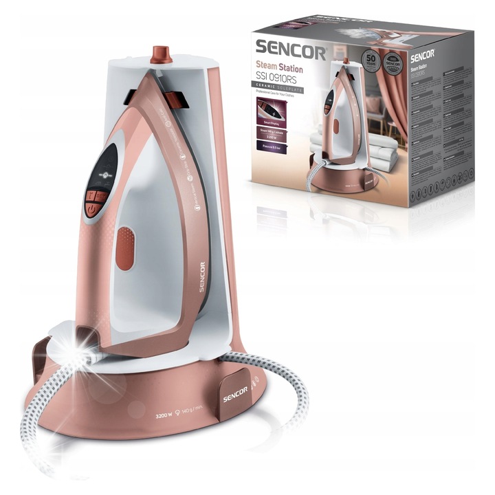 Statie de calcat cu abur Sencor SSI 0910RS, 3200W, 140g/min, alb-roz, 1.3l