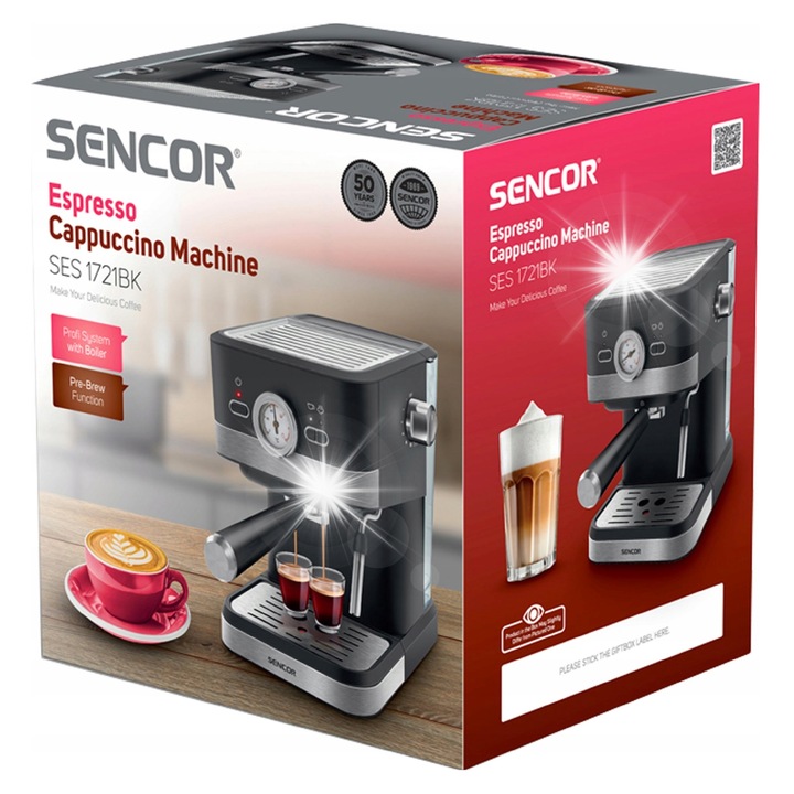Еспресо машина Sencor SES 1721BK 1050W 20 бара черна 20,5x37x28,5см