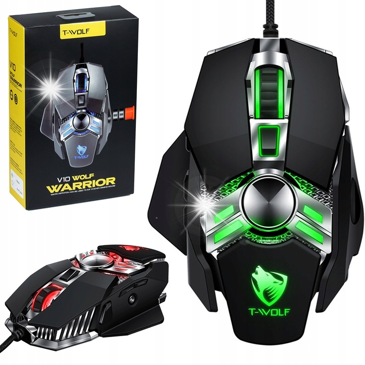 Mouse gaming T-WOLF V10 Warrior, 7 butoane, RGB, negru, 135x85x35mm