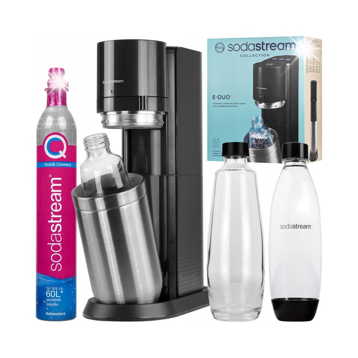 Електрически сатуратор SodaStream E-DUO титан, 2 бутилки 1L, 3 нива на газиране, пълен комплект