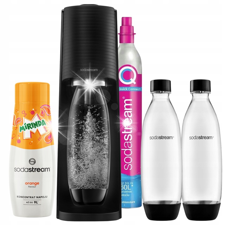 Сатуратор SodaStream Terra, черен, 2x1L, комплект със сироп Mirinda, 42.8x13.3x19.5cm
