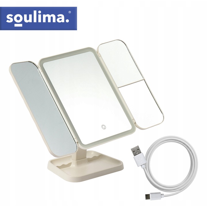 LED козметично огледало Soulima, сгъваемо, кремаво, 21x13.5x31см