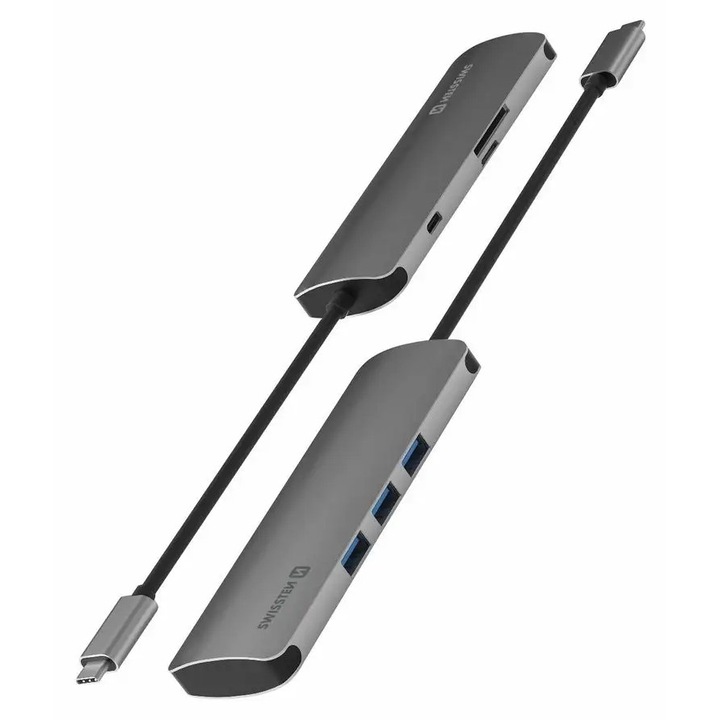 Хъб USB-C Swissten 3x USB 3.0, SD, microSD, алуминий, 100W, 5Gb/s