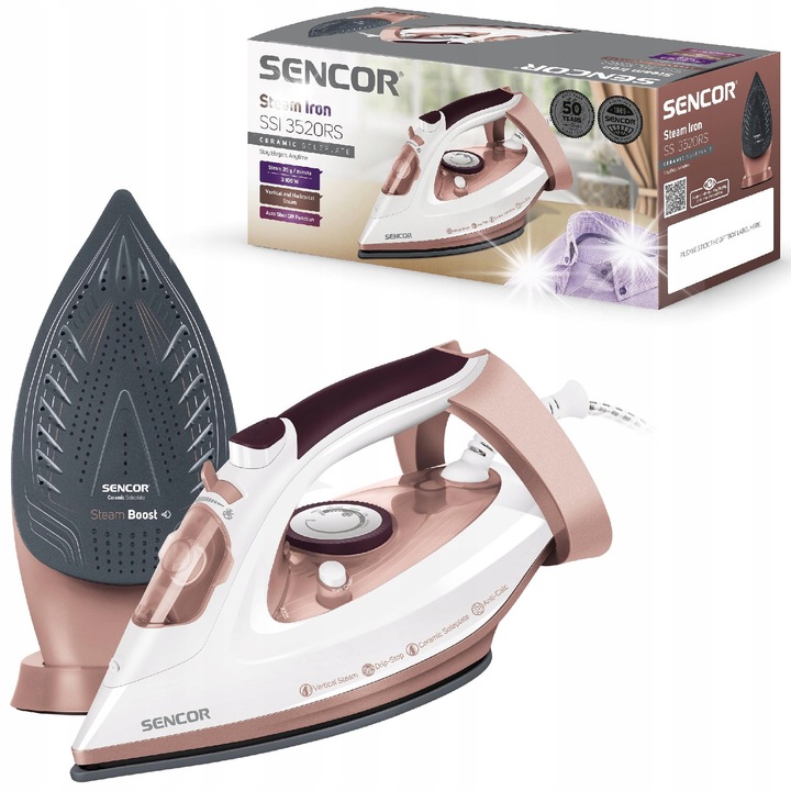 Fier de calcat cu aburi Sencor SSI 3520RS, 3100W, talpa ceramica, lovitura abur 170 g/min, debit continuu 35 g/min, sistem Anti-Calc si auto-curatare, alb/roz, 280 ml
