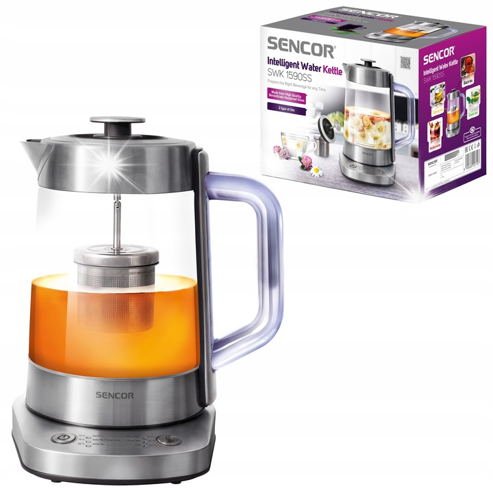 Sencor SWK 1590SS elektromos vízforraló, 1,5L, hőmérséklet-szabályozás, ezüst, boroszilikát üveg