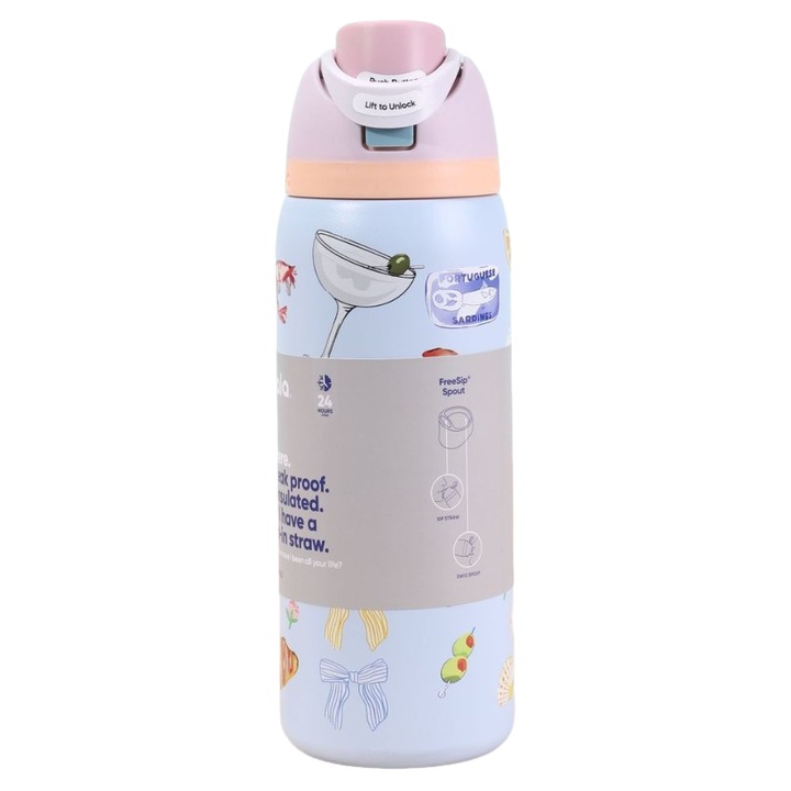 Owala FreeSip dupla szigetelésű vizespalack/kulacs, FreeSip szívószállal és nyomógombos zárható kupakkal, BPA-mentes, kék masni mintával, 32 oz