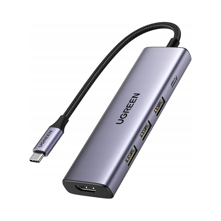 Адаптер хъб Ugreen USB-C към 3xUSB-A HDMI 4K PD 100W сив 25см