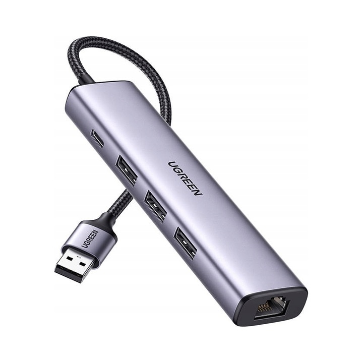 USB хъб UGREEN CM475 3xUSB 3.0 RJ45 Ethernet розов 12x2.8см розов