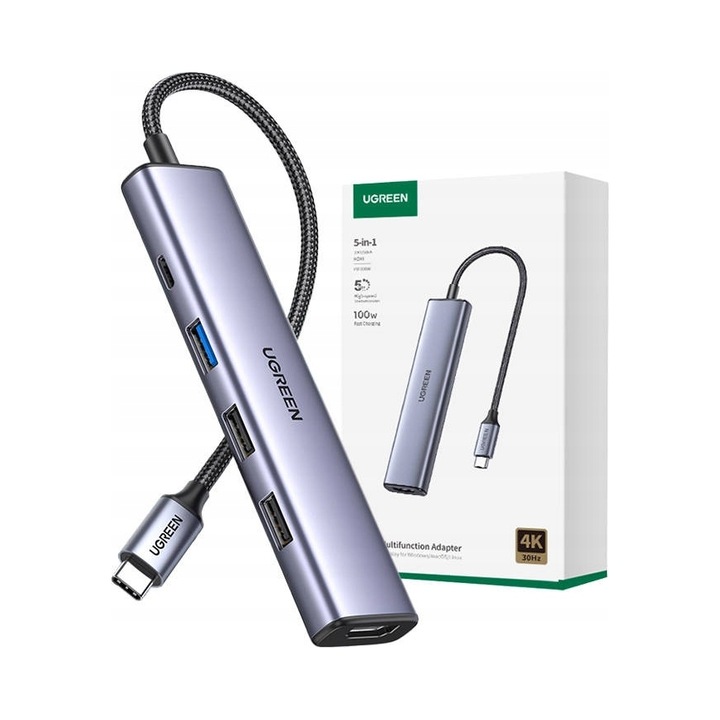 Адаптер хъб USB-C Ugreen 5 в 1, 5 порта, HDMI 4K, PD 100W, кабел 20см
