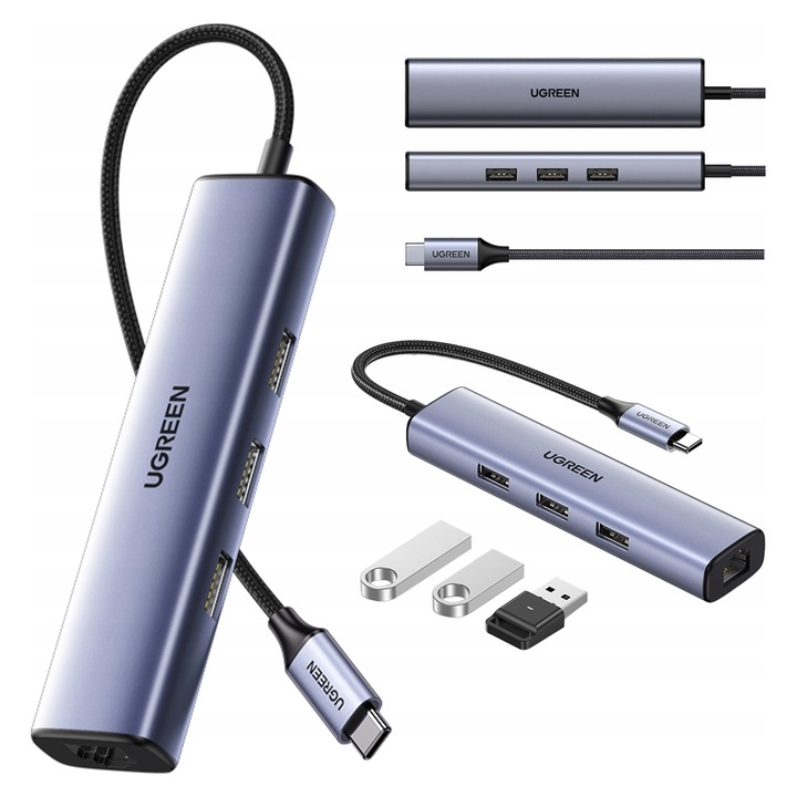 Адаптер Ugreen CM475 USB-C, 3xUSB 3.0, RJ45, сив, 120x28x16mm