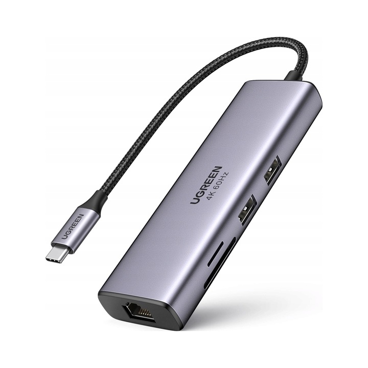 Хъб USB-C Ugreen CM512, 7 в 1, HDMI 4K, Ethernet, сив, 12x3x1см