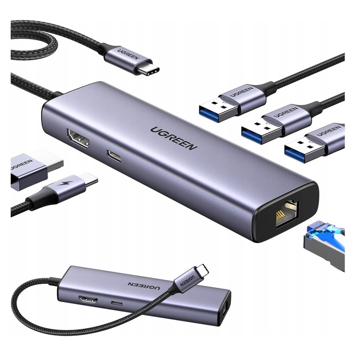 Адаптер хъб USB-C Ugreen 6в1, 3x USB-A, HDMI 4K, RJ45, PD 100W