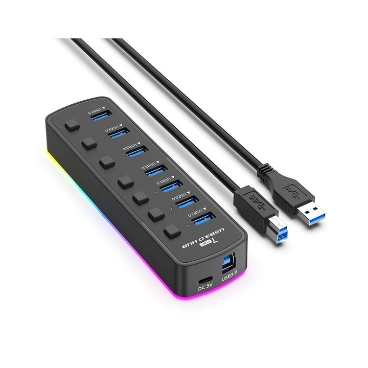 USB 3.0 elosztó, 7 portos, 5 Gbit/s, egyedi kapcsolóval, fekete