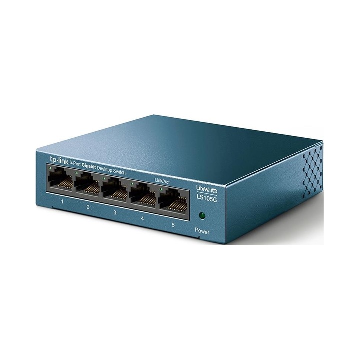 Switch neadministrat TP-Link LiteWave LS105G, 5 porturi Gigabit 10/100/1000 Mbps, carcasa metalica, instalare plug and play, tehnologie Green Ethernet, albastru