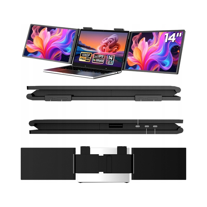 Monitor dublu pliabil portabil ZEUSLAP ZB14, IPS, Full HD, 14", negru, 345x203x33mm
