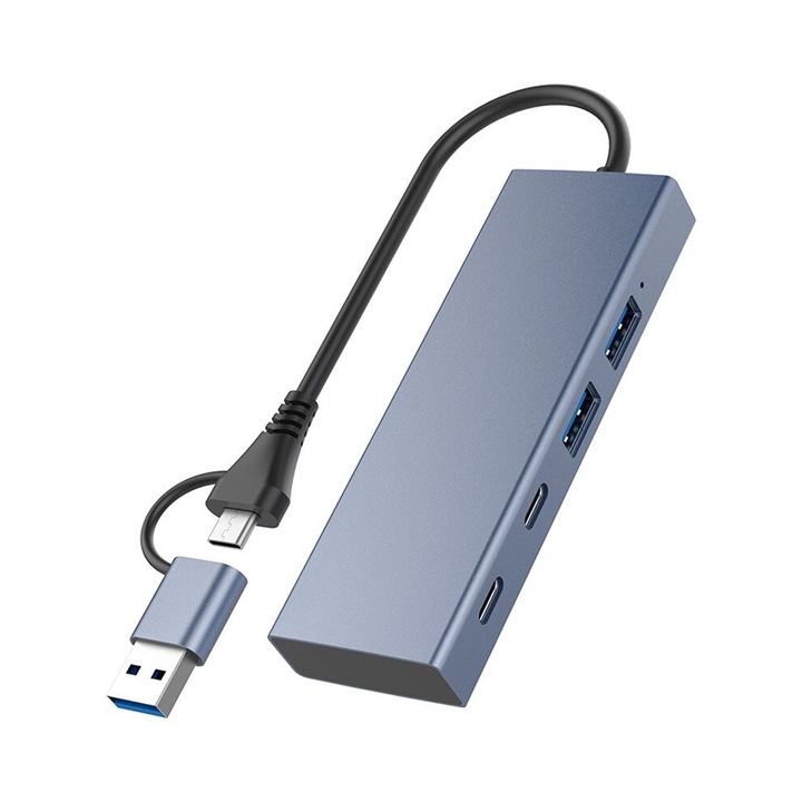 USB 3.0 elosztó 4 az 2-ben, 5 Gbit/s, alumínium, laptophoz