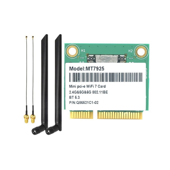 Wi-Fi 7 мрежова карта MT7925, 5400 Mbps, трилентова 2,4 GHz/5 GHz/6 GHz, зелен цвят, комплект с антени 8 DB
