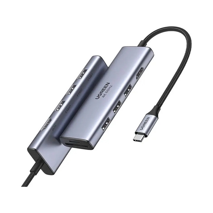 Адаптер хъб USB-C Ugreen 5в1, 3x USB 3.0, HDMI 4K, SD Micro SD, сив, 114x33x12мм