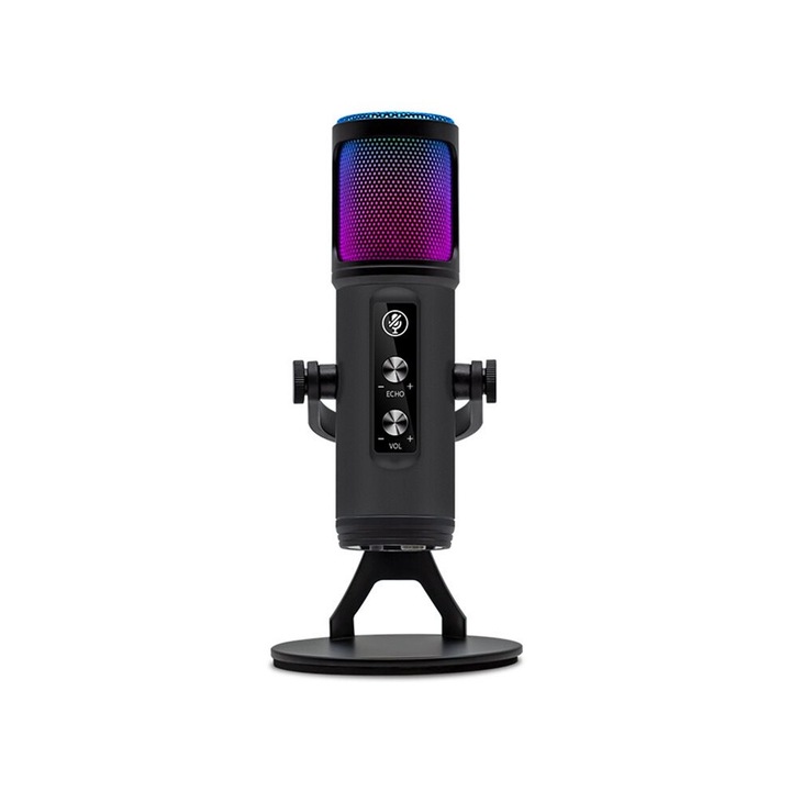 USB gaming mikrofon, fekete, érzékenység állítás, 3.5mm fejhallgató csatlakozó, érintőgombos némítás