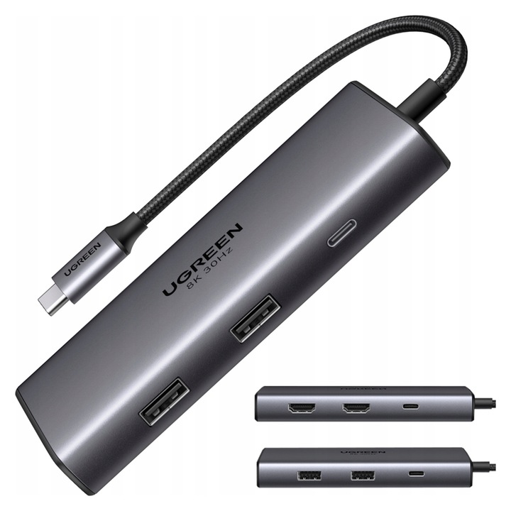 Адаптер хъб Ugreen CM498 6в1, USB-C, 2x USB-A, 2x HDMI, PD 100W, черен