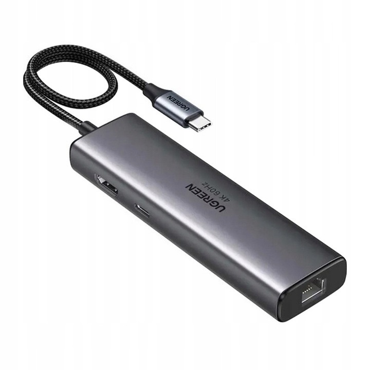 Хъб USB-C Ugreen CM512 6 в 1, HDMI 4K 60Hz, RJ45, 2xUSB, SD, сребрист, 20см
