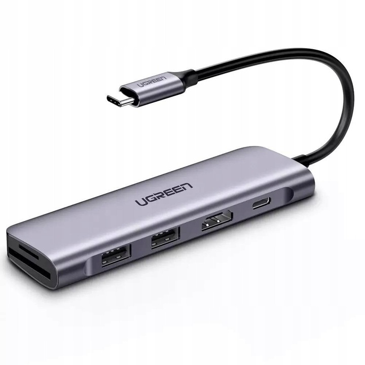 Адаптер хъб USB-C UGREEN 6 в 1, 2x USB, HDMI, SD, сив, 11.5x3.6x1.25см