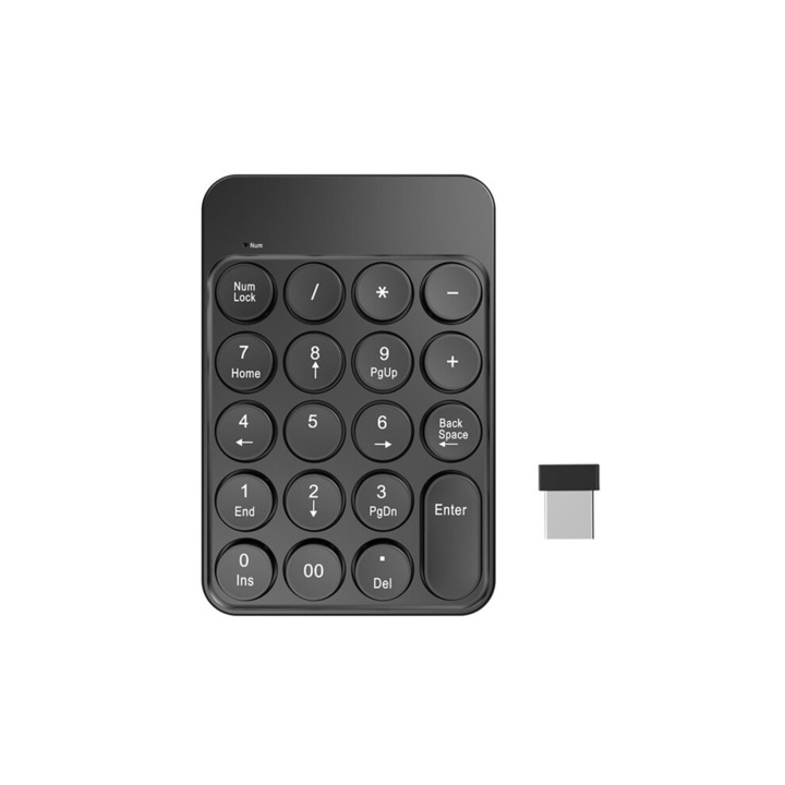Tastatura numerica (pad numeric) wireless 2.4GHz/BT 19 taste, receptor USB inclus, silentioasa cu taste din siliciu, design ergonomic antiderapant, compatibil PC/Laptop/Android, Negru, 1 buc
