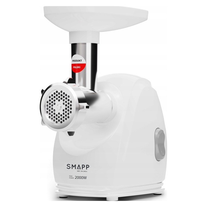 Месомелачка SMAPP 489.8, 2000W, капацитет 2,7 кг/мин, приставки от неръждаема стомана 2,7/4/8 мм, приставка за колбаси, бяла, 1 бр