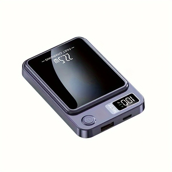 General Mini hordozható gyorstöltő, mágneses, 10.000 mAh, 15W vezeték nélküli töltés, LED digitális kijelző, iPhone 12–16 kompatibilis, Lila