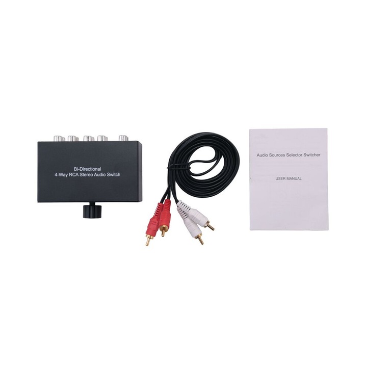 Comutator audio stereo RCA bidirectional 4 cai, 10,8x9,2x4,1cm, negru, set