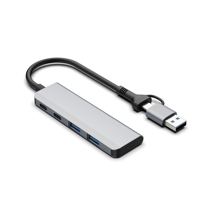 USB 3.0 elosztó 4 porttal, C-típusú, kompakt, 5 Gbit/s átviteli sebesség, szett