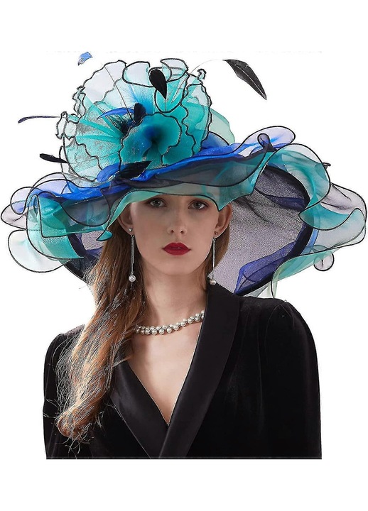 Palarie de nunta din organza, florala, verde, dimensiune 22.04-22.63 inches, latime bor 5.11 inches