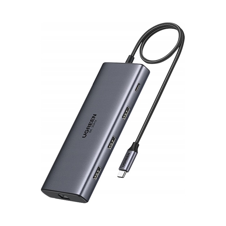 Хъб USB-C Ugreen CM639, 2xHDMI 8K, 3xUSB, SD/TF, RJ45, 100W, алуминий
