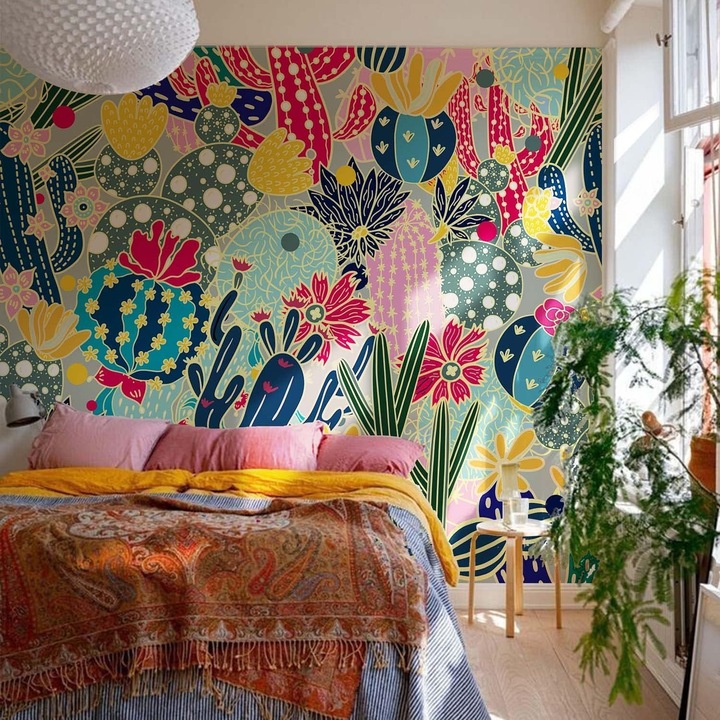 Tapet autoadeziv din PVC, aspect cactusi, rezistent la apa, adeziv puternic, usor de montat, efect texturat piele, 240 x 250 cm, multicolor
