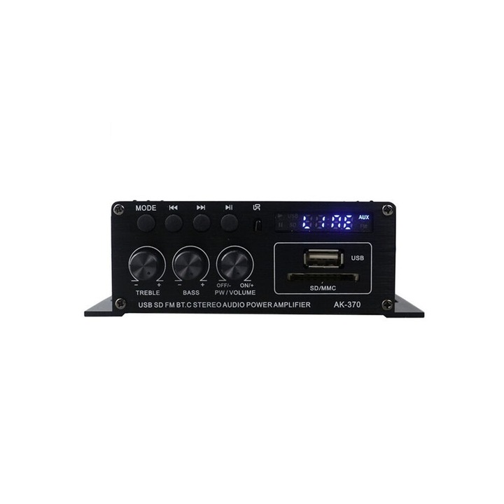 Sztereó audio erősítő 20W, fekete, távirányítóval, házimozihoz és autóba